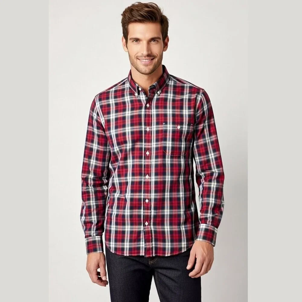 Banana Republic Slim Fit Plaid Shirt Mens Large L Red Navy White Button Down LS